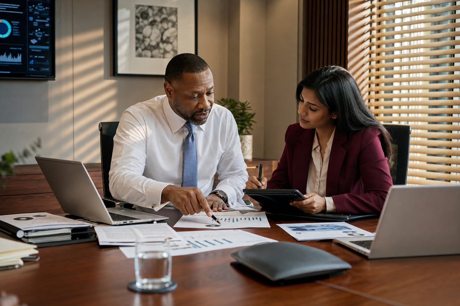 Analysts reviewing operational data and reports at a conference table
