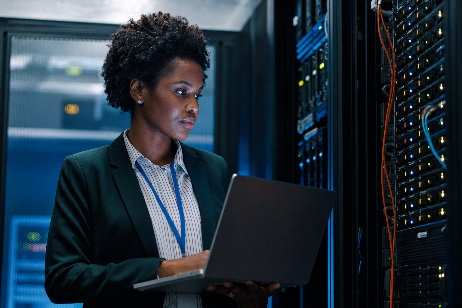 Cybersecurity engineer at work in a data center